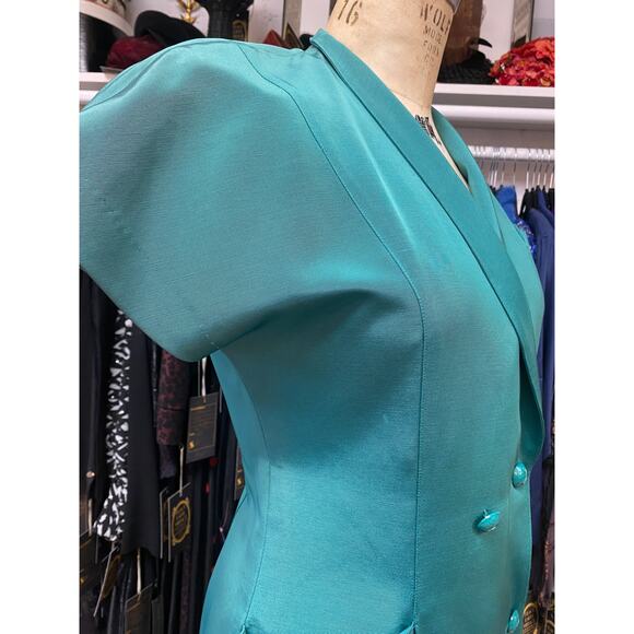 vintage 1980s Ted Lapidus emerald green faille double breasted dress med 80s 31 - Picture 3 of 12